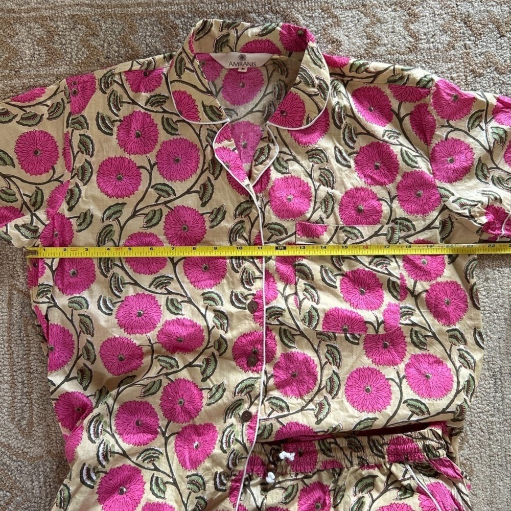 Cotton Floral Pajama Set Pink Block Print Shorts Loungewear Pockets Amranis M - Picture 8 of 13